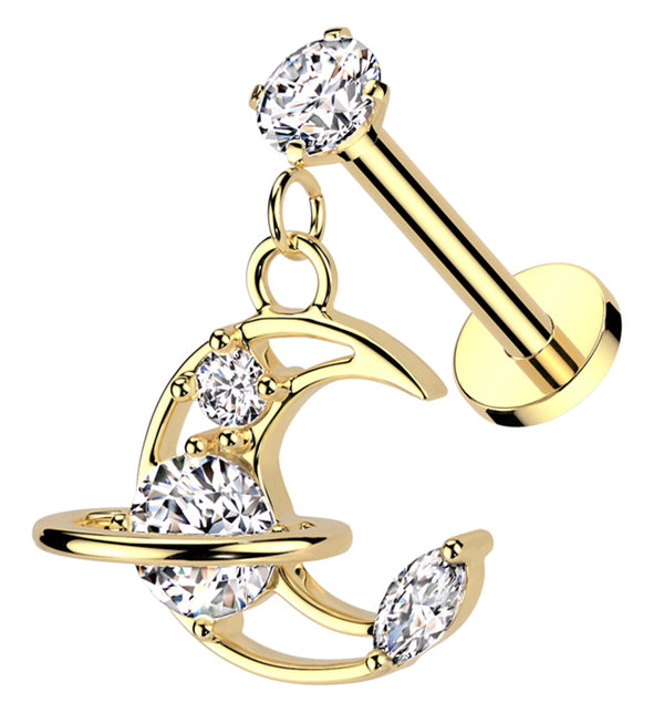 Gold PVD Saturn Crescent Moon Dangle Clear CZ Internally Threaded Stainless Steel Labret