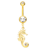 Gold PVD Seahorse Clear CZ Dangle Stainless Steel Belly Button Ring