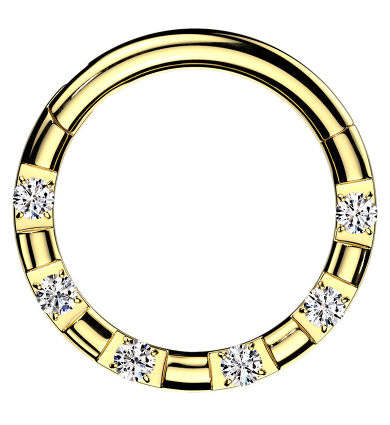 Gold PVD Spotted Round Clear CZ Stainless Steel Hinged Segment Ring