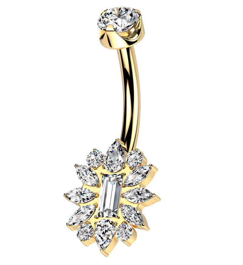 Gold PVD Square Cluster Flower Clear CZ Titanium Internally Threaded Belly Button Ring