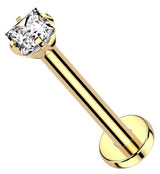 Gold PVD Square Prong Clear CZ Titanium Threadless Labret