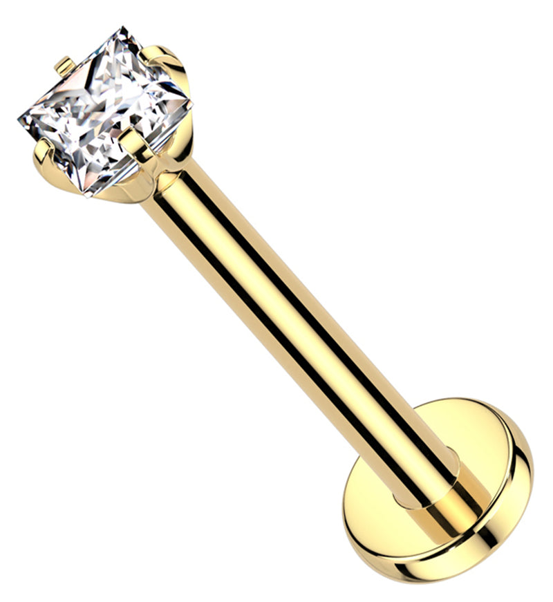 Gold PVD Square Prong Clear CZ Titanium Threadless Labret