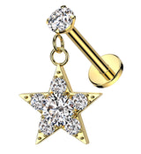 Gold PVD Star Dangle Clear CZ Internally Threaded Stainless Steel Labret