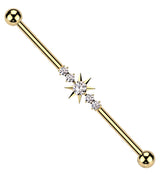 Gold PVD Starburst Clear CZ Internally Threaded Titanium Industrial Barbell