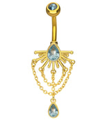 Gold PVD Sunrays Teardrop Light Blue CZ Dangle Chain Stainless Steel Belly Button Ring