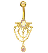 Gold PVD Sunrays Teardrop Rainbow Aurora CZ Dangle Chain Stainless Steel Belly Button Ring