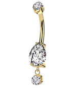 Gold PVD Teardrop Clear CZ Dangle Titanium Internally Threaded Belly Button Ring