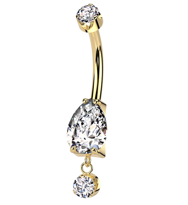 Gold PVD Teardrop Clear CZ Dangle Titanium Internally Threaded Belly Button Ring