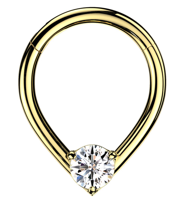 Gold PVD Teardrop Clear CZ Stainless Steel Hinged Segment Ring