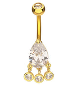 Gold PVD Teardrop Clear CZ Triple Bezel Dangle Stainless Steel Belly Button Ring