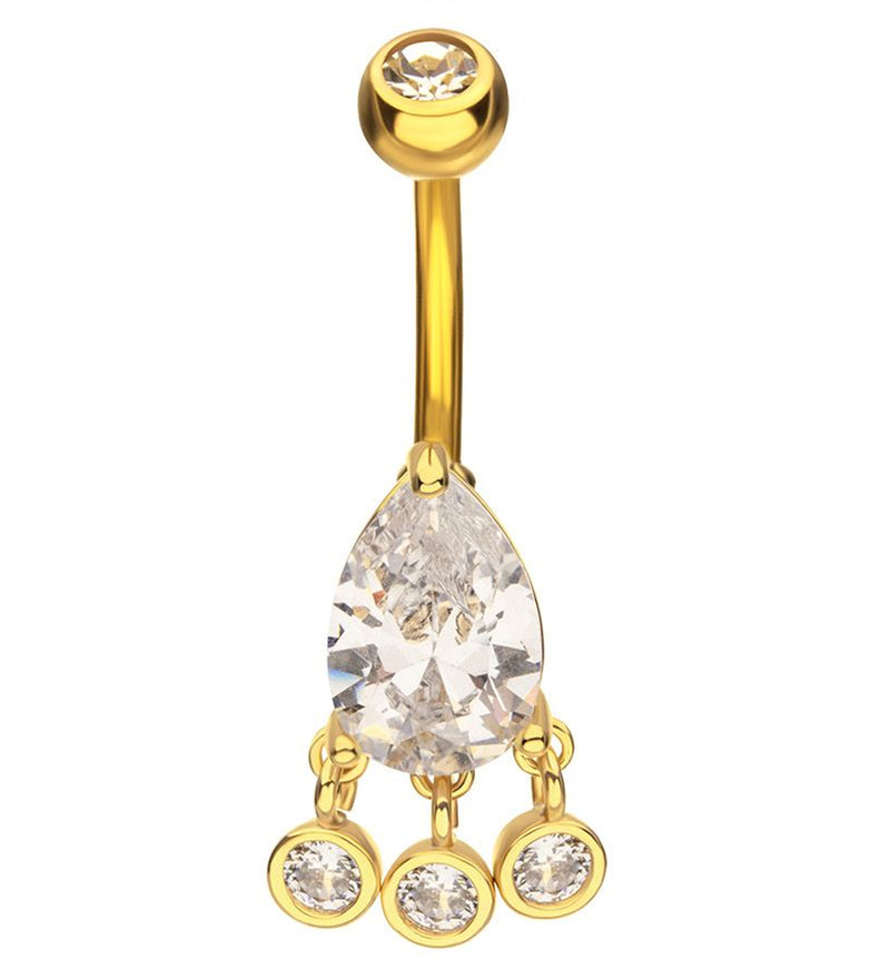 Gold PVD Teardrop Clear CZ Triple Bezel Dangle Stainless Steel Belly Button Ring