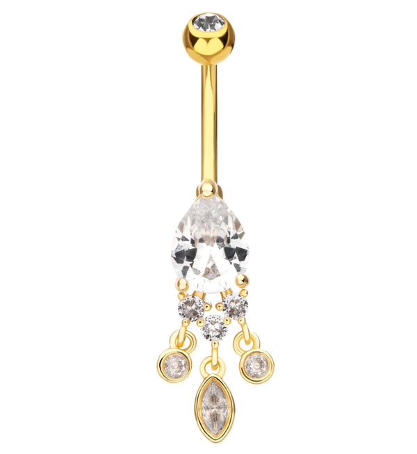 Gold PVD Teardrop Clear CZ Triple Dangle Stainless Steel Belly Button Ring