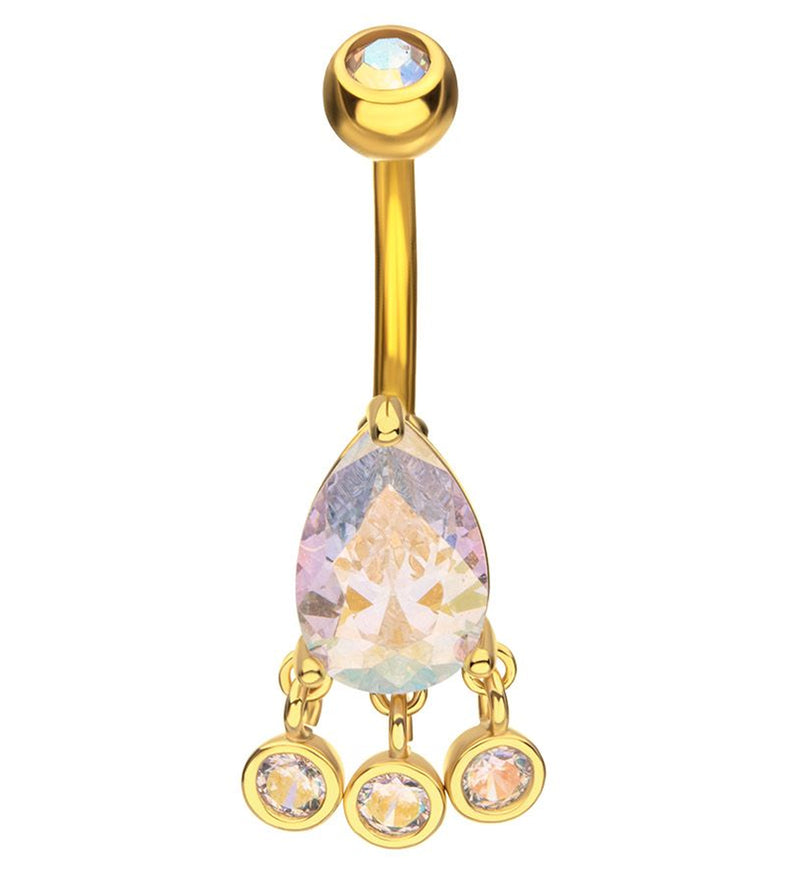 Gold PVD Teardrop Rainbow Aurora CZ Triple Bezel Dangle Stainless Steel Belly Button Ring