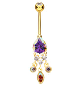 Gold PVD Teardrop Rainbow Aurora CZ Triple Dangle Stainless Steel Belly Button Ring