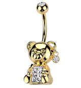 Gold PVD Teddy Bear Baguette Clear CZ Stainless Steel Belly Button Ring