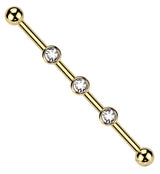 Gold PVD Triple Clear CZ Internally Threaded Titanium Industrial Barbell