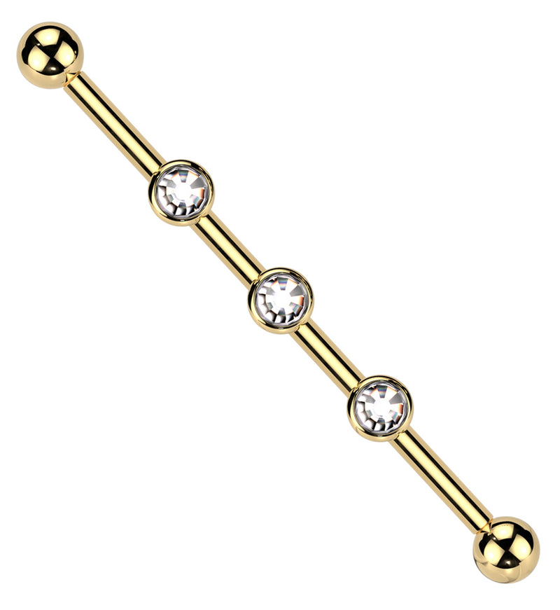 Gold PVD Triple Clear CZ Internally Threaded Titanium Industrial Barbell