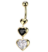 Gold PVD Triple Heart Dangle Clear And Black CZ Stainless Steel Belly Button Ring