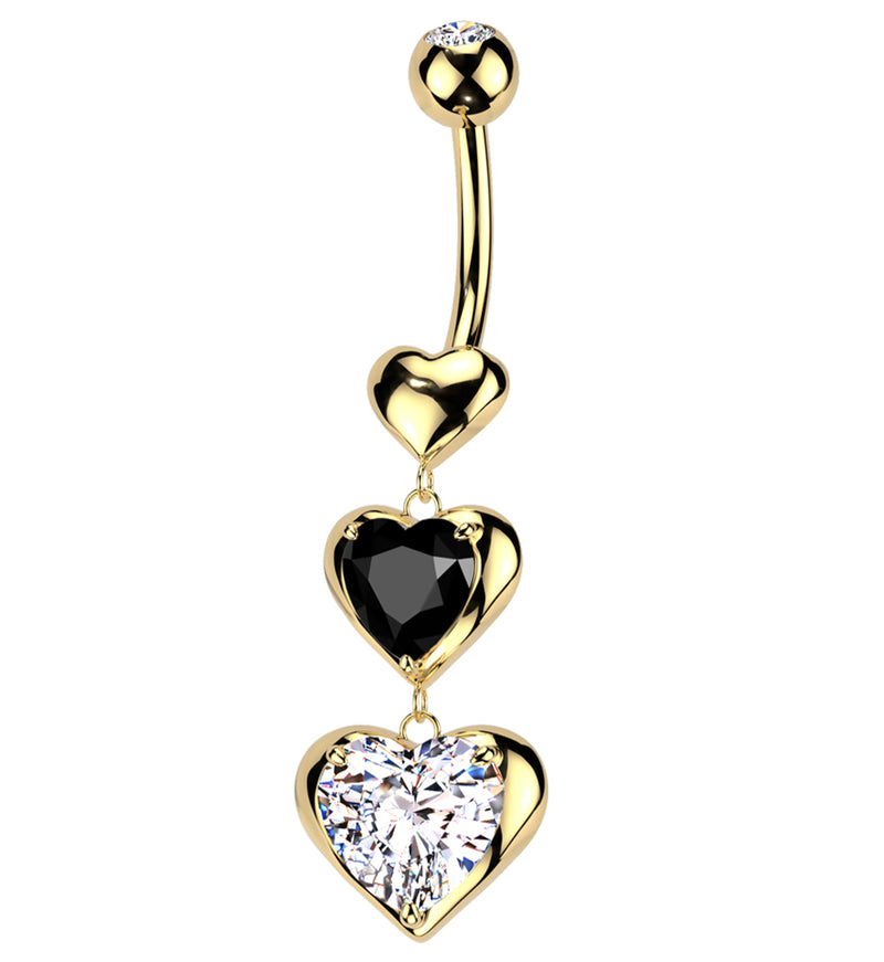 Gold PVD Triple Heart Dangle Clear And Black CZ Stainless Steel Belly Button Ring