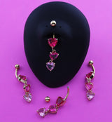 Gold PVD Triple Heart Pink CZ Dangle Stainless Steel Belly Button Ring