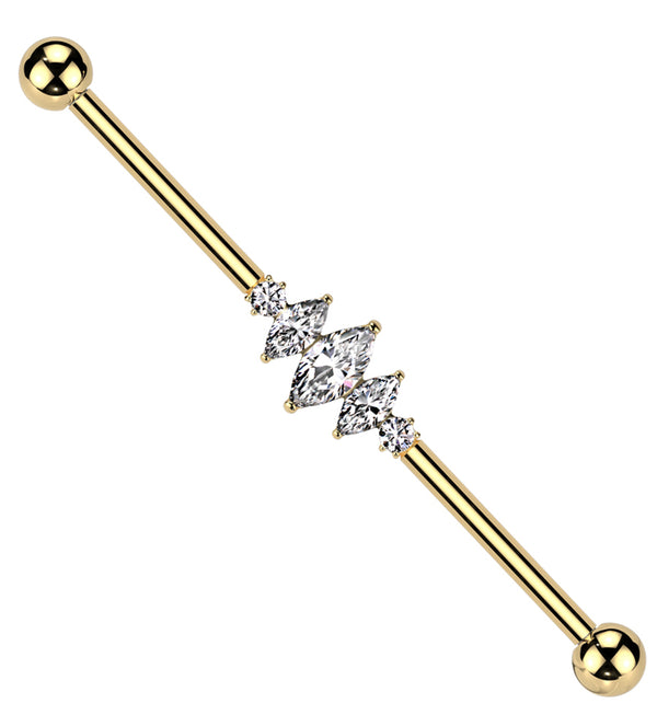 Gold PVD Triple Marquise Center Clear CZ Internally Threaded Titanium Industrial Barbell