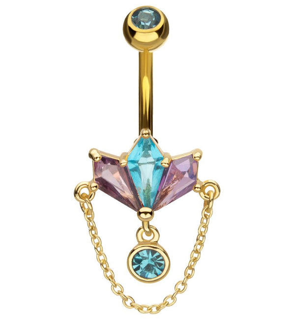 Gold PVD Triple Poly Amethyst And Aqua CZ Dangle Chain Stainless Steel Belly Button Ring