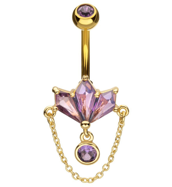 Gold PVD Triple Poly Amethyst CZ Dangle Chain Stainless Steel Belly Button Ring