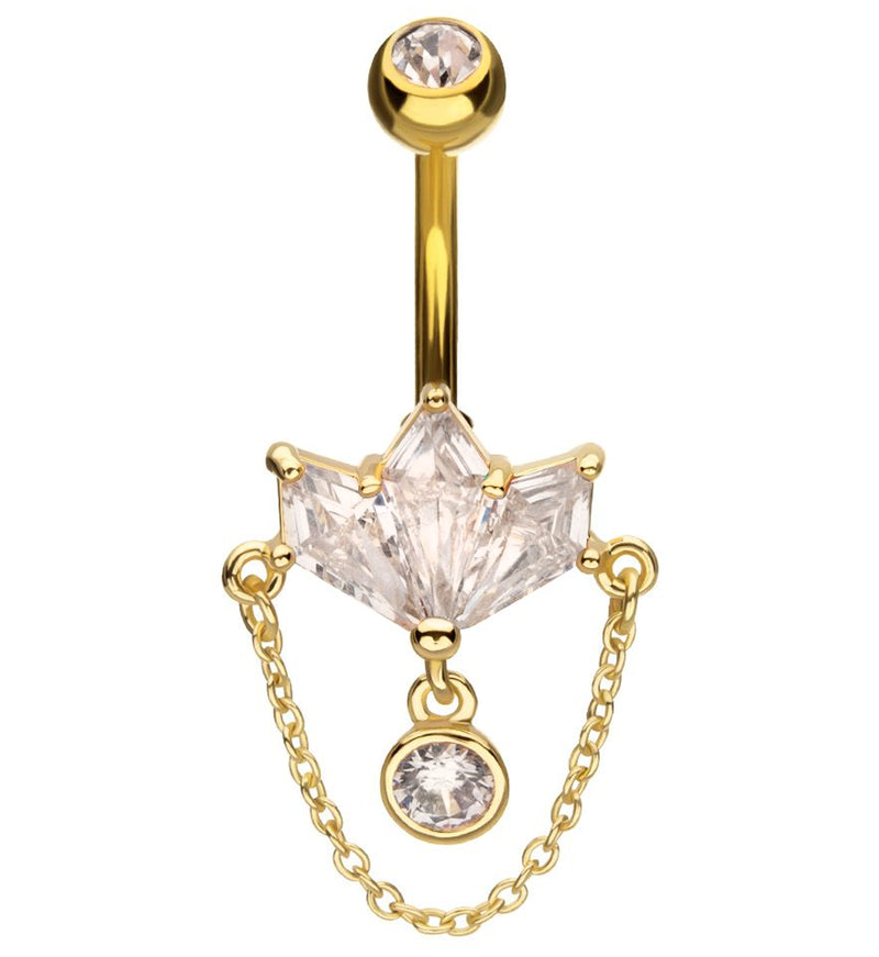 Gold PVD Triple Poly Clear CZ Dangle Chain Stainless Steel Belly Button Ring