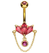 Gold PVD Triple Poly Fuchsia CZ Dangle Chain Stainless Steel Belly Button Ring