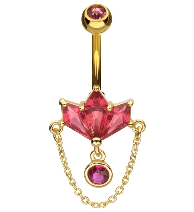 Gold PVD Triple Poly Fuchsia CZ Dangle Chain Stainless Steel Belly Button Ring