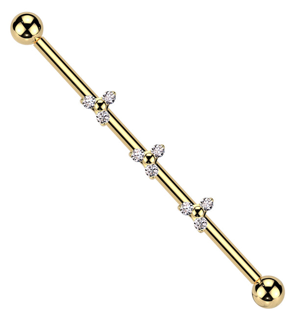 Gold PVD Triple Trinity Clear CZ Internally Threaded Titanium Industrial Barbell