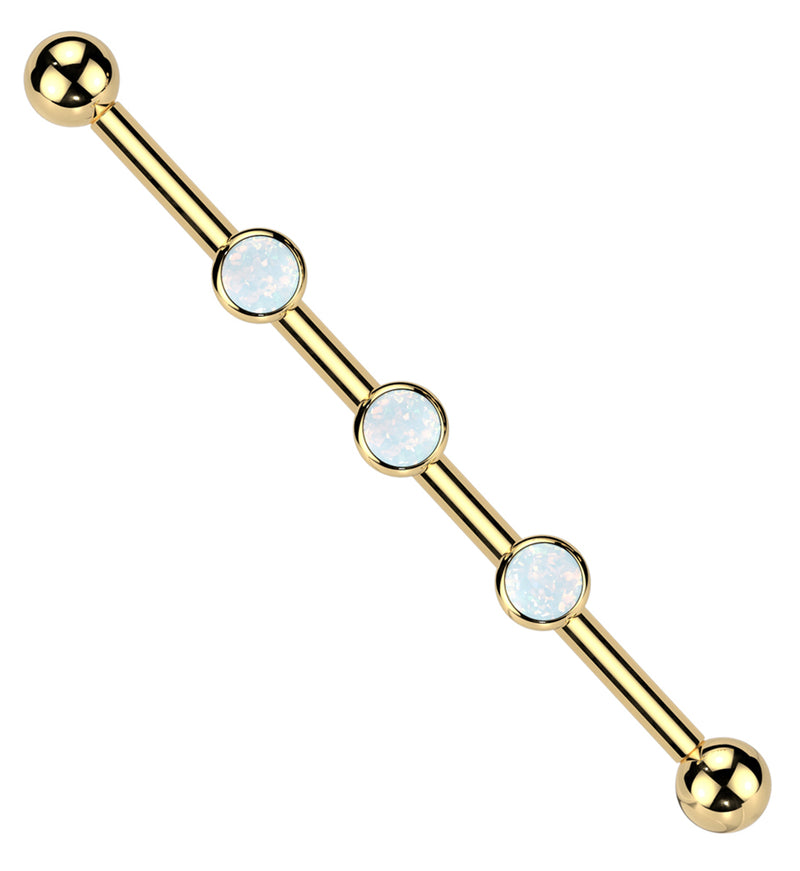 Gold PVD Triple White Opalite CZ Internally Threaded Titanium Industrial Barbell