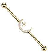 Gold PVD Twilight Moon And Star Clear CZ Internally Threaded Titanium Industrial Barbell