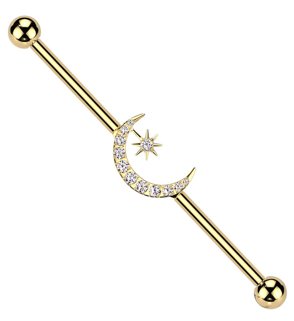 Gold PVD Twilight Moon And Star Clear CZ Internally Threaded Titanium Industrial Barbell