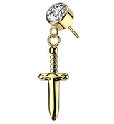 Gold PVD Twisted Dagger Dangle Clear CZ Titanium Threadless Top