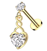 Gold PVD Twisted Dangle Heart Clear CZ Internally Threaded Stainless Steel Labret