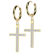 Gold PVD White Cross Clear CZ Stainless Steel Hoop Earrings