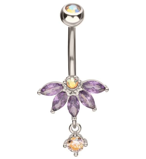 Half Flower Rainbow Aurora And Amethyst CZ Dangle Stainless Steel Belly Button Ring