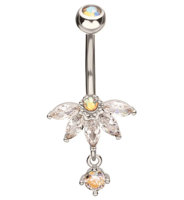 Half Flower Rainbow Aurora And Clear CZ Dangle Stainless Steel Belly Button Ring