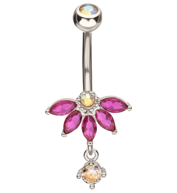 Half Flower Rainbow Aurora And Fuchsia CZ Dangle Stainless Steel Belly Button Ring