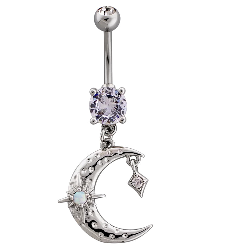 Hammered Crescent Moon White Opalite Star Dangle Stainless Steel Belly ...