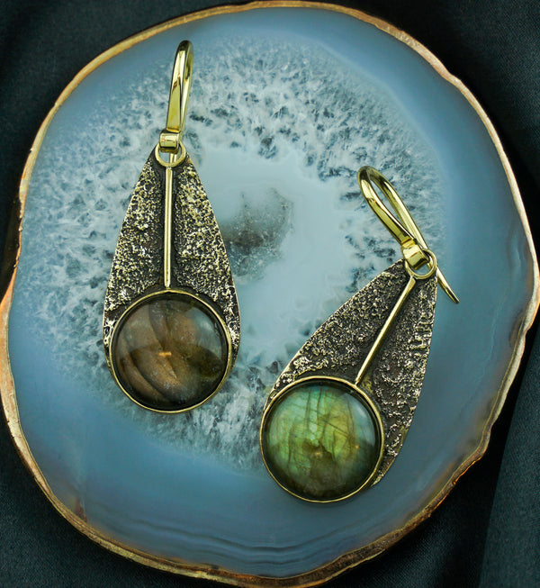 Textured Teardrop Dangle Labradorite Stone Inlay Brass Earrings