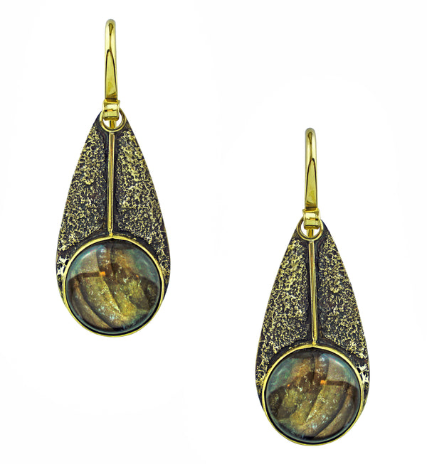 Textured Teardrop Dangle Labradorite Stone Inlay Brass Earrings