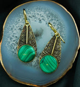 Textured Teardrop Dangle Malachite Stone Inlay Brass Earrings