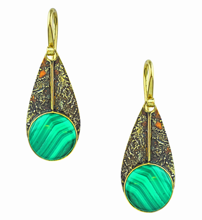 Textured Teardrop Dangle Malachite Stone Inlay Brass Earrings