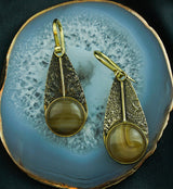 Textured Teardrop Dangle Montana Agate Stone Inlay Brass Earrings