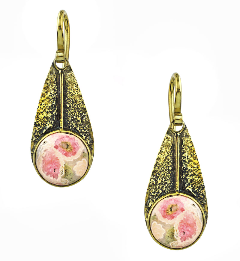 Textured Teardrop Dangle Rhodochrosite Stone Inlay Brass Earrings