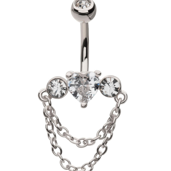 Heart Center Clear CZ Double Dangle Chain Stainless Steel Belly