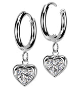 Heart Clear CZ Dangle Stainless Steel Hinged Earrings