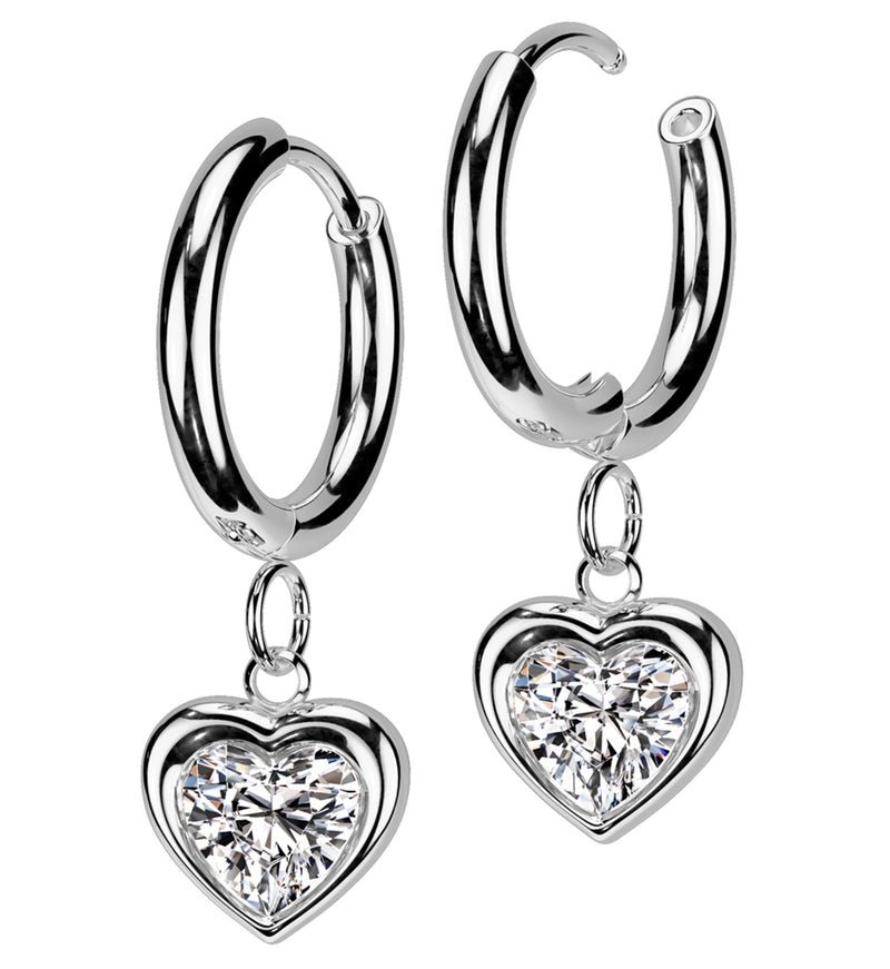 Heart Clear CZ Dangle Stainless Steel Hinged Earrings